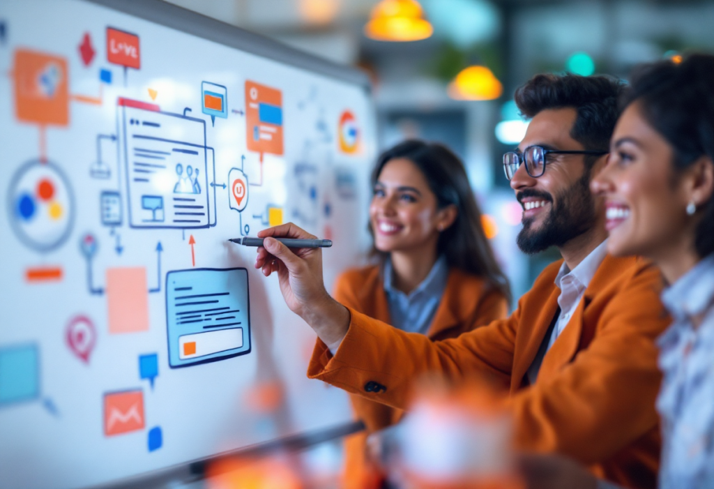 Pizarrón de estrategias Brújula Maestra Agencia de Marketing y Diseño Gráfico